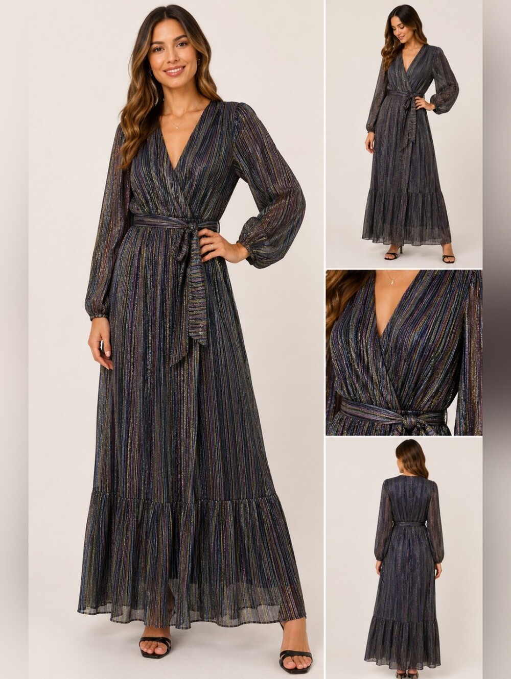 Willa Story Chic Metallic Striped Long Sleeve Maxi Dress With Belt New Years Med